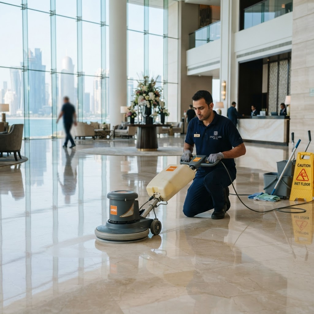 WTCS cleaning professional polishing a marble floor in a hotel lobby