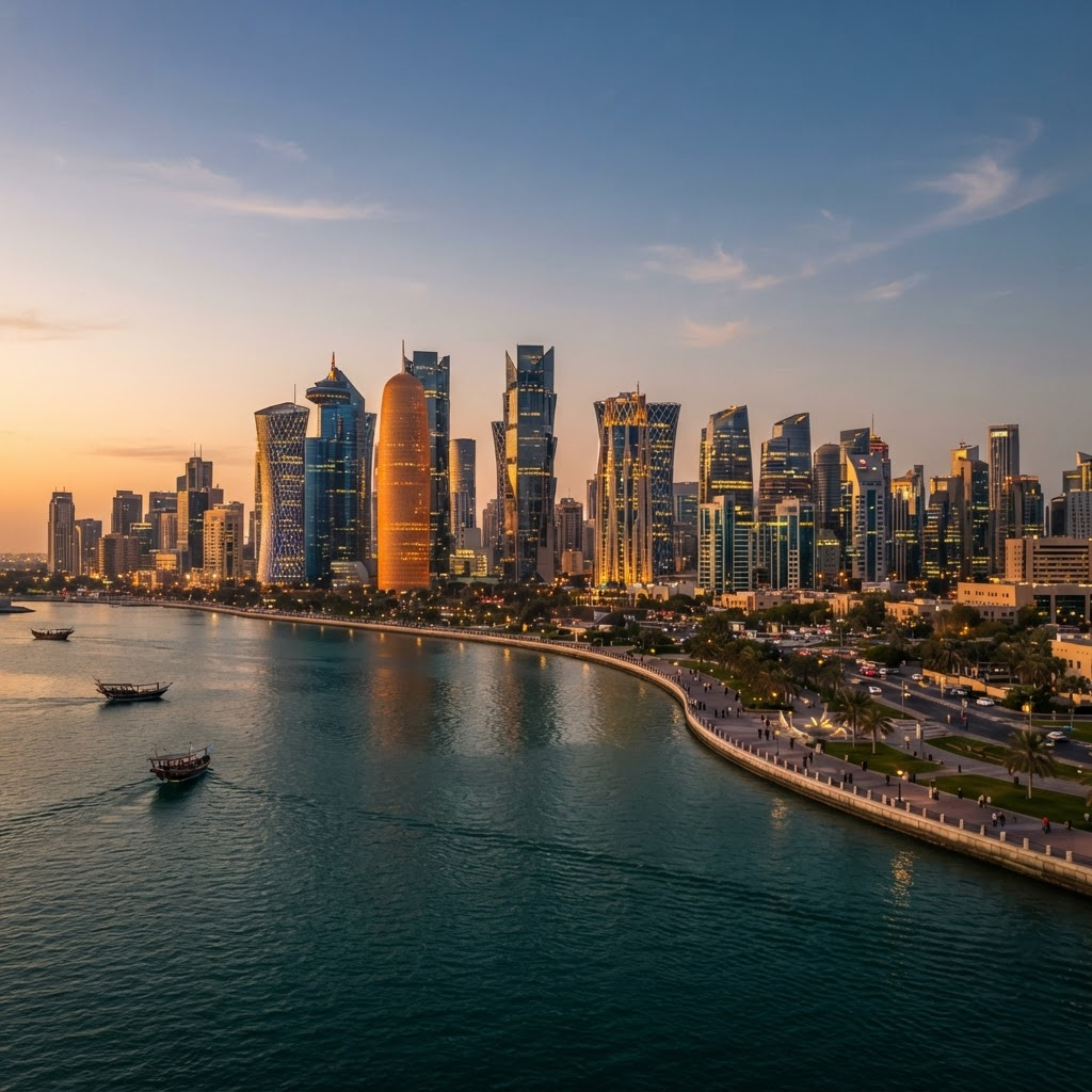 Doha West Bay skyline at golden hour across the water