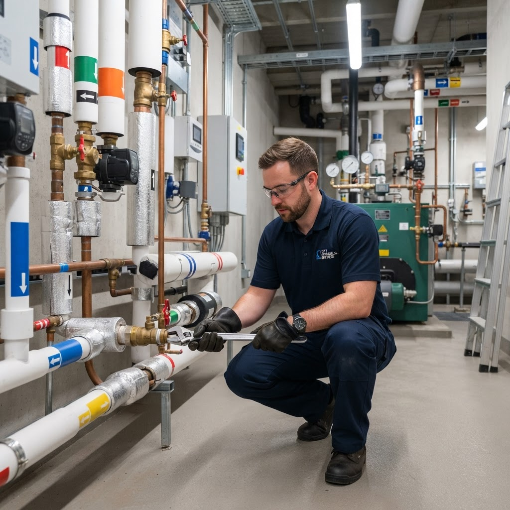 WTCS technician servicing pipework in a commercial mechanical room