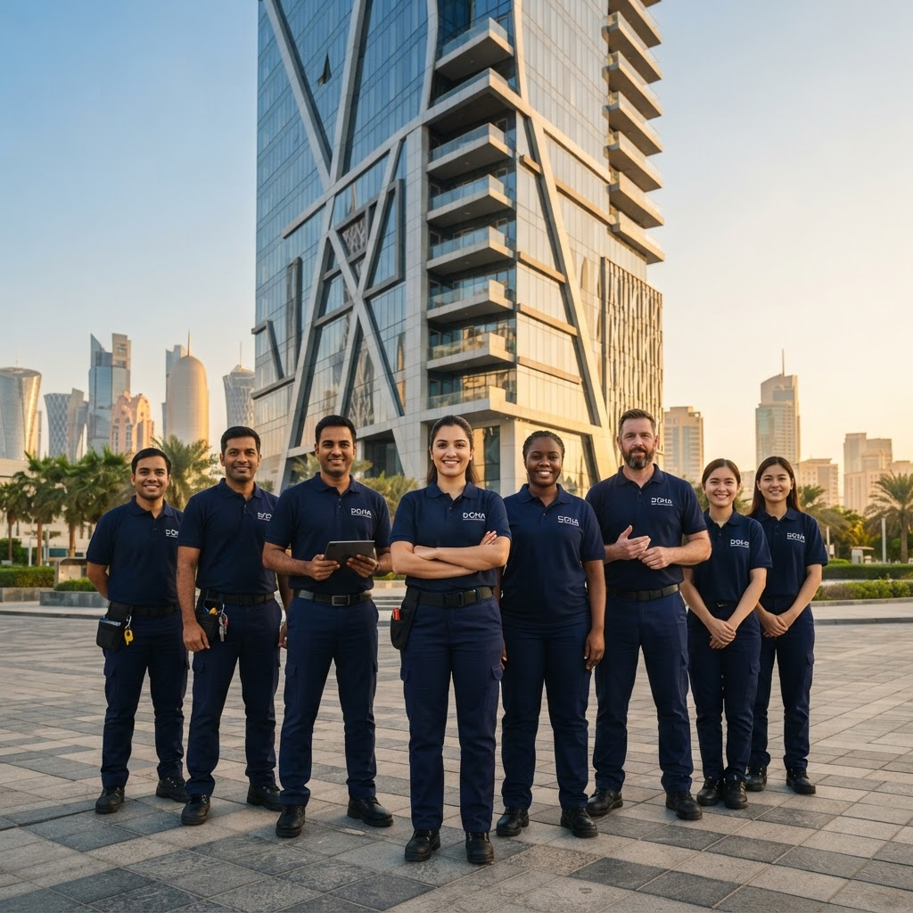 The WTCS team in uniform outside a commercial building in Doha